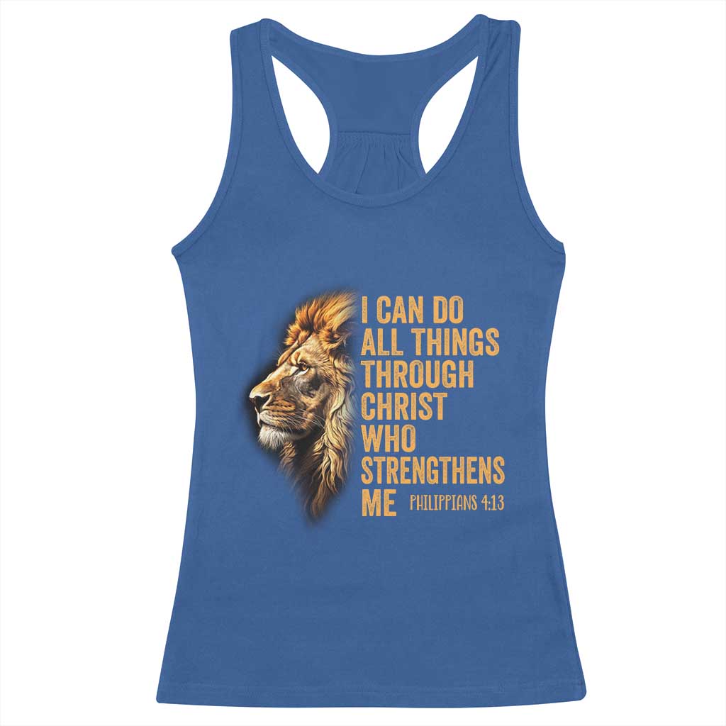 Christian Faith Racerback Tank Top Philippians 4:13 Religious Lion Strengthens TS02 Royal Blue Print Your Wear