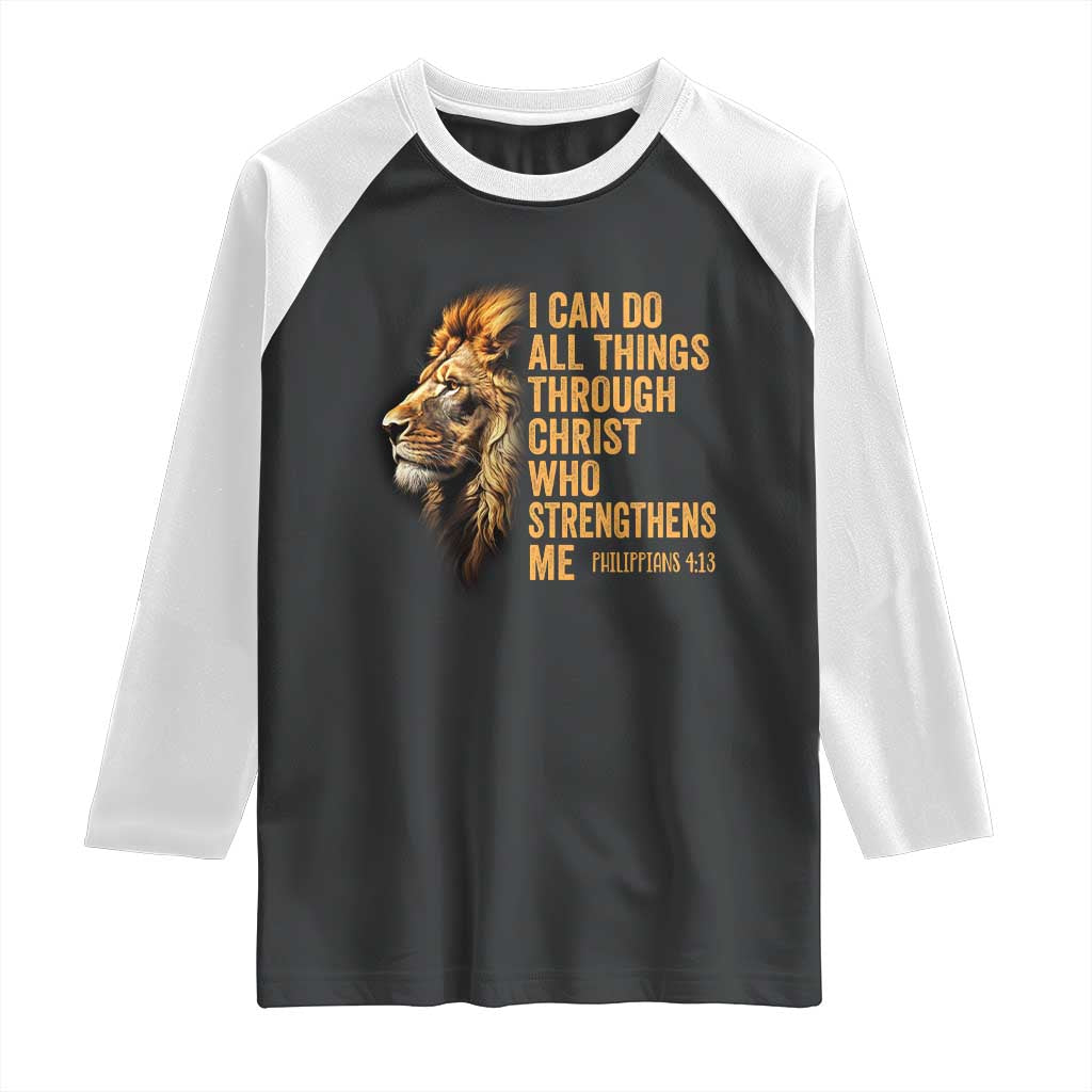 Christian Faith Raglan Shirt Philippians 4:13 Religious Lion Strengthens TS02 Black White Print Your Wear