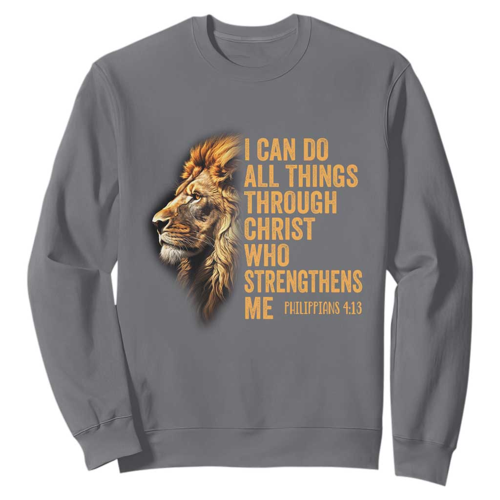 Christian Faith Sweatshirt Philippians 4:13 Religious Lion Strengthens TS02 Charcoal Print Your Wear