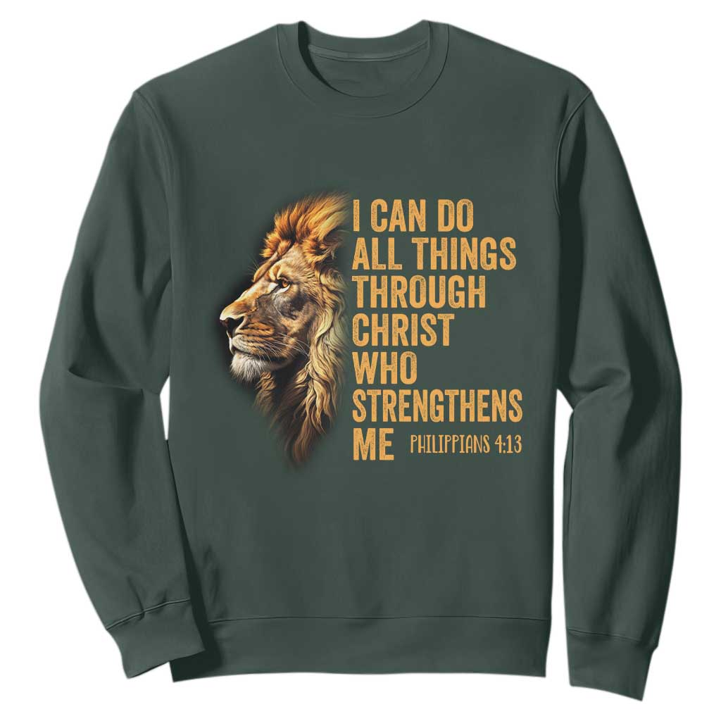Christian Faith Sweatshirt Philippians 4:13 Religious Lion Strengthens TS02 Dark Forest Green Print Your Wear