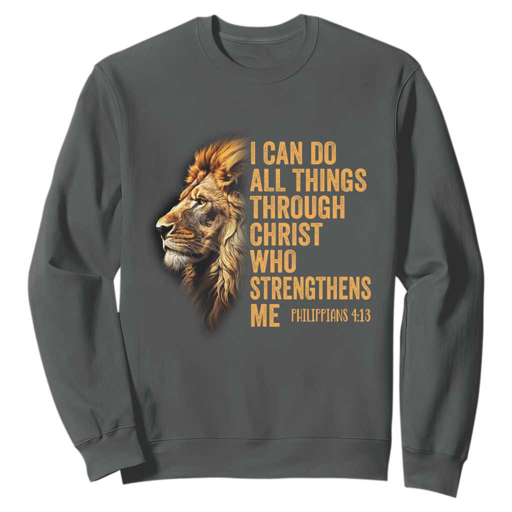 Christian Faith Sweatshirt Philippians 4:13 Religious Lion Strengthens TS02 Dark Heather Print Your Wear