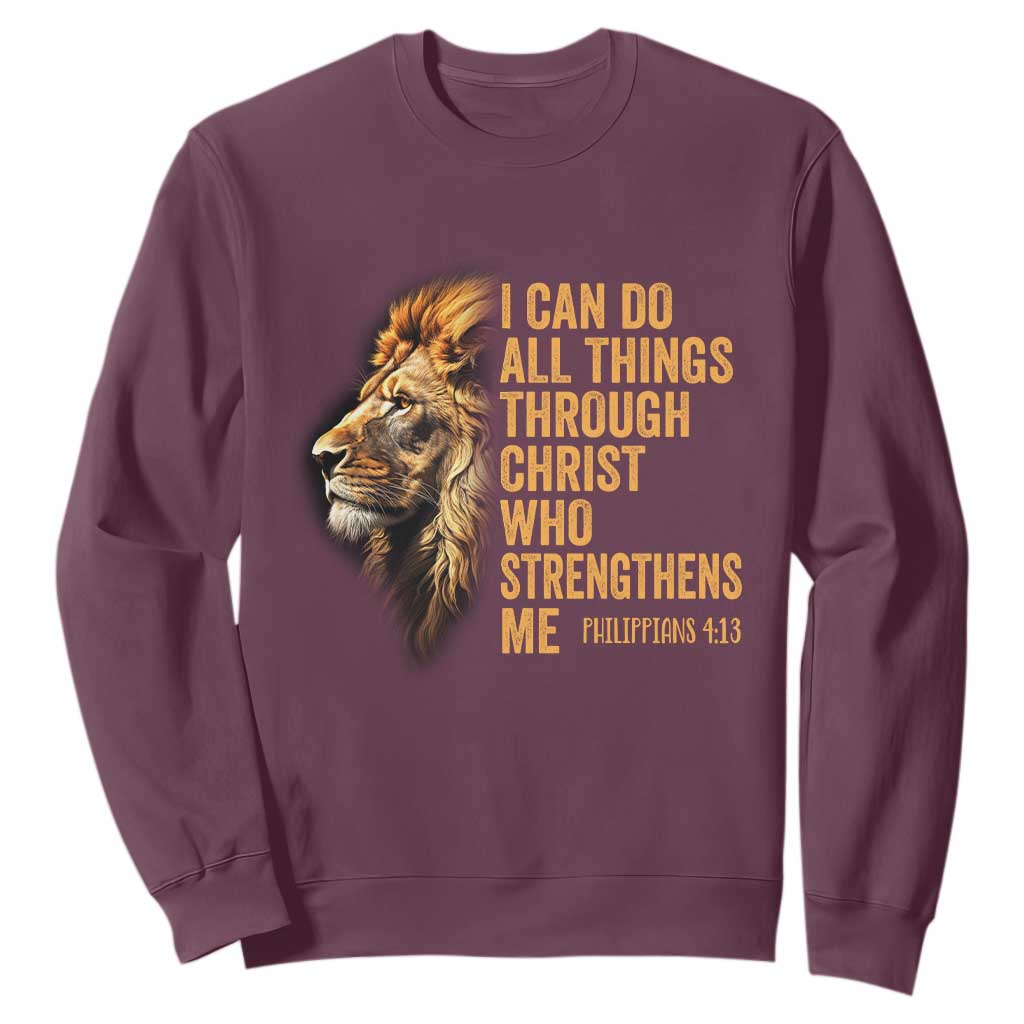 Christian Faith Sweatshirt Philippians 4:13 Religious Lion Strengthens TS02 Maroon Print Your Wear