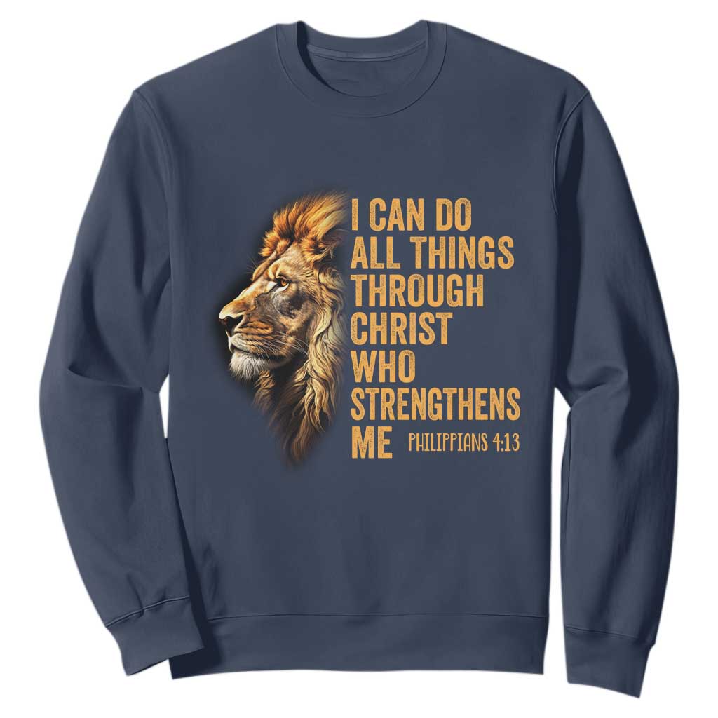 Christian Faith Sweatshirt Philippians 4:13 Religious Lion Strengthens TS02 Navy Print Your Wear