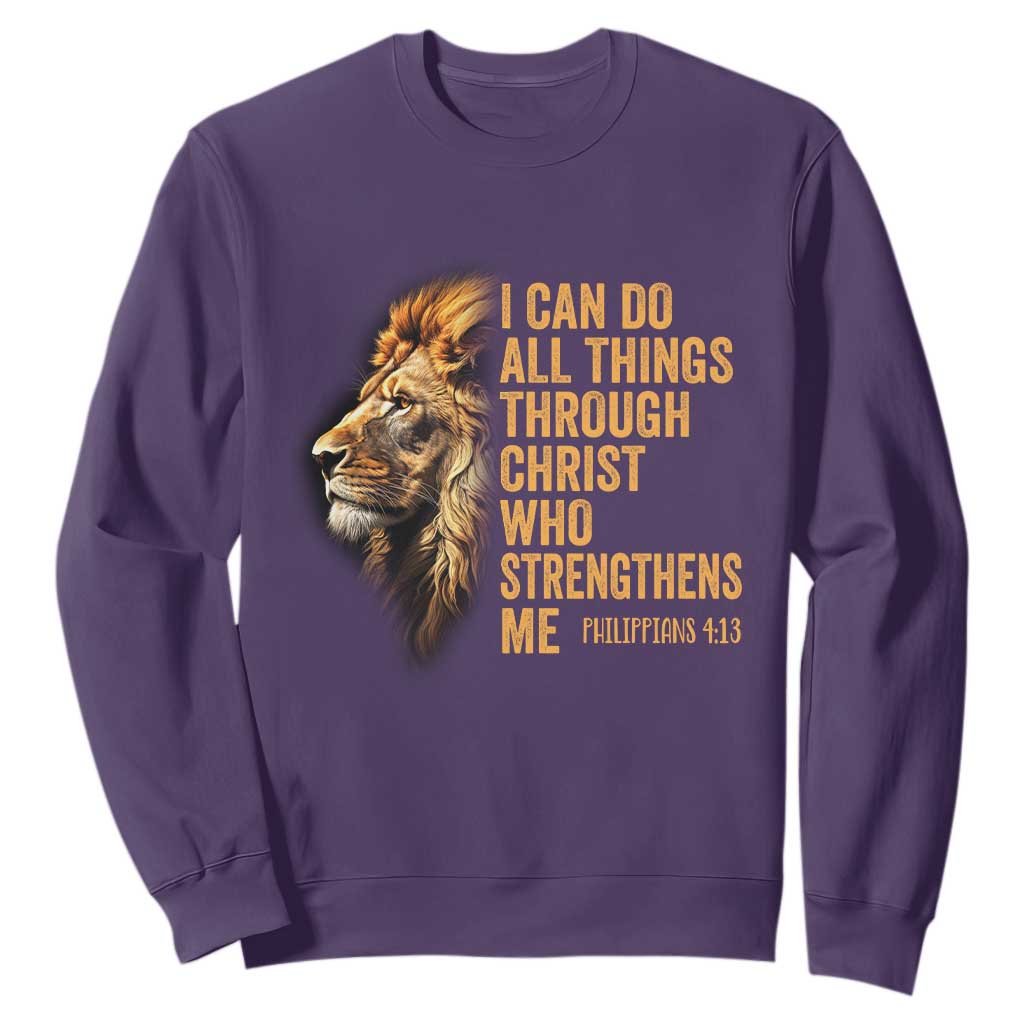 Christian Faith Sweatshirt Philippians 4:13 Religious Lion Strengthens TS02 Purple Print Your Wear