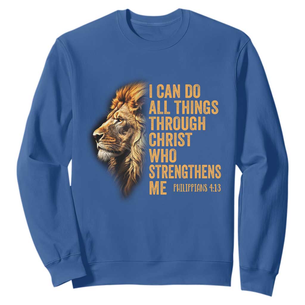 Christian Faith Sweatshirt Philippians 4:13 Religious Lion Strengthens TS02 Royal Blue Print Your Wear