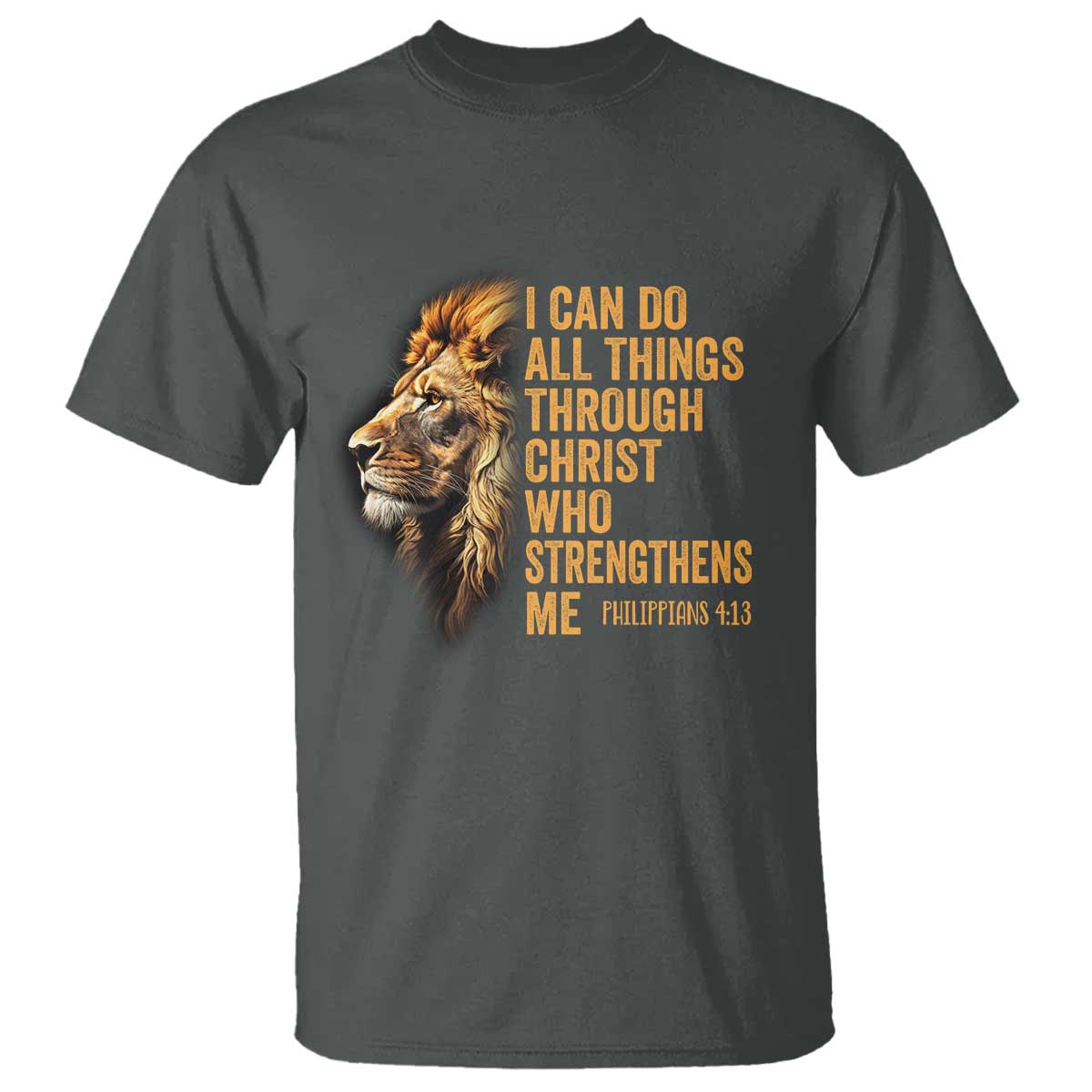Christian Faith T Shirt Philippians 4:13 Religious Lion Strengthens TS02 Dark Heather Print Your Wear