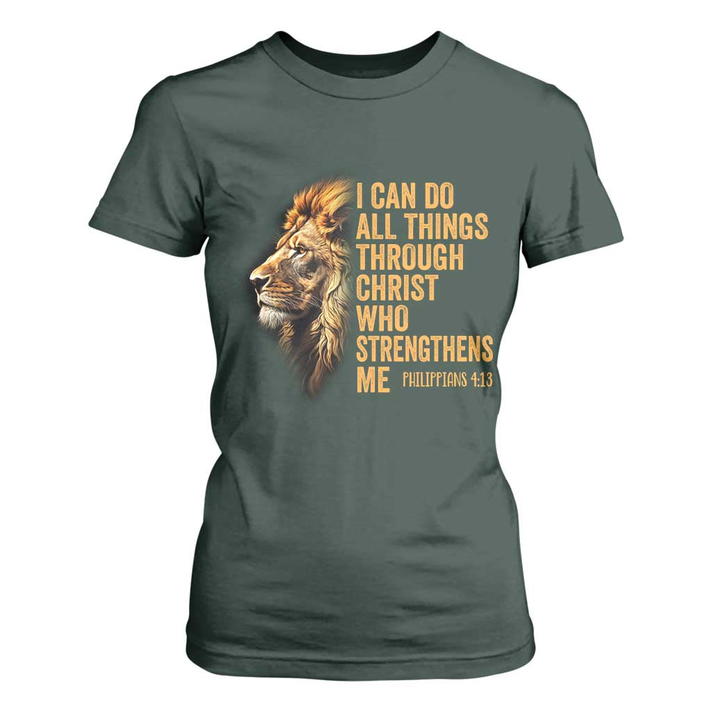 Christian Faith T Shirt For Women Philippians 4:13 Religious Lion Strengthens TS02 Dark Forest Green Print Your Wear