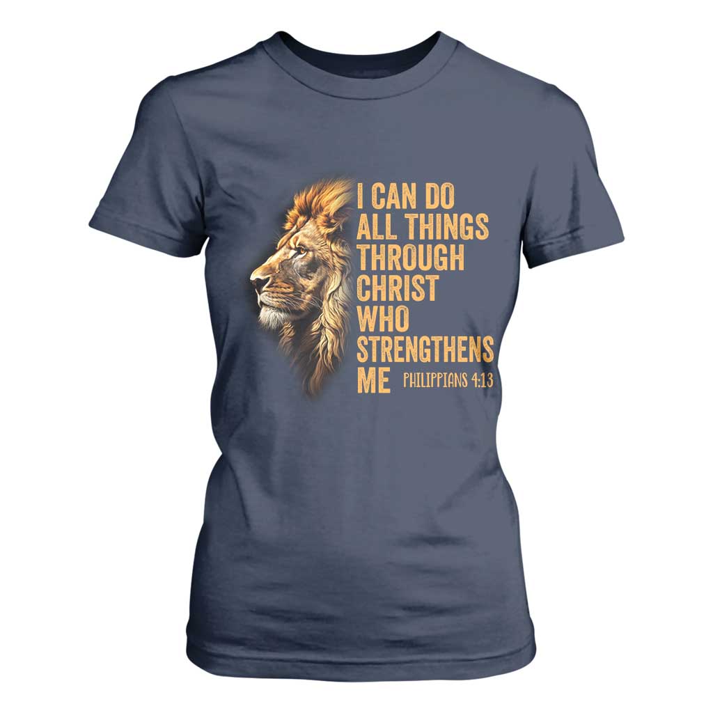 Christian Faith T Shirt For Women Philippians 4:13 Religious Lion Strengthens TS02 Navy Print Your Wear