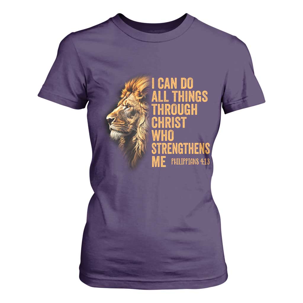 Christian Faith T Shirt For Women Philippians 4:13 Religious Lion Strengthens TS02 Purple Print Your Wear