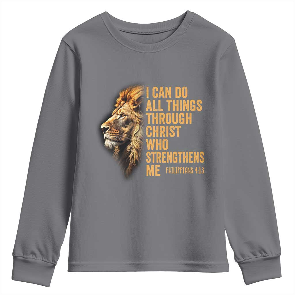 Christian Faith Youth Sweatshirt Philippians 4:13 Religious Lion Strengthens TS02 Charcoal Print Your Wear
