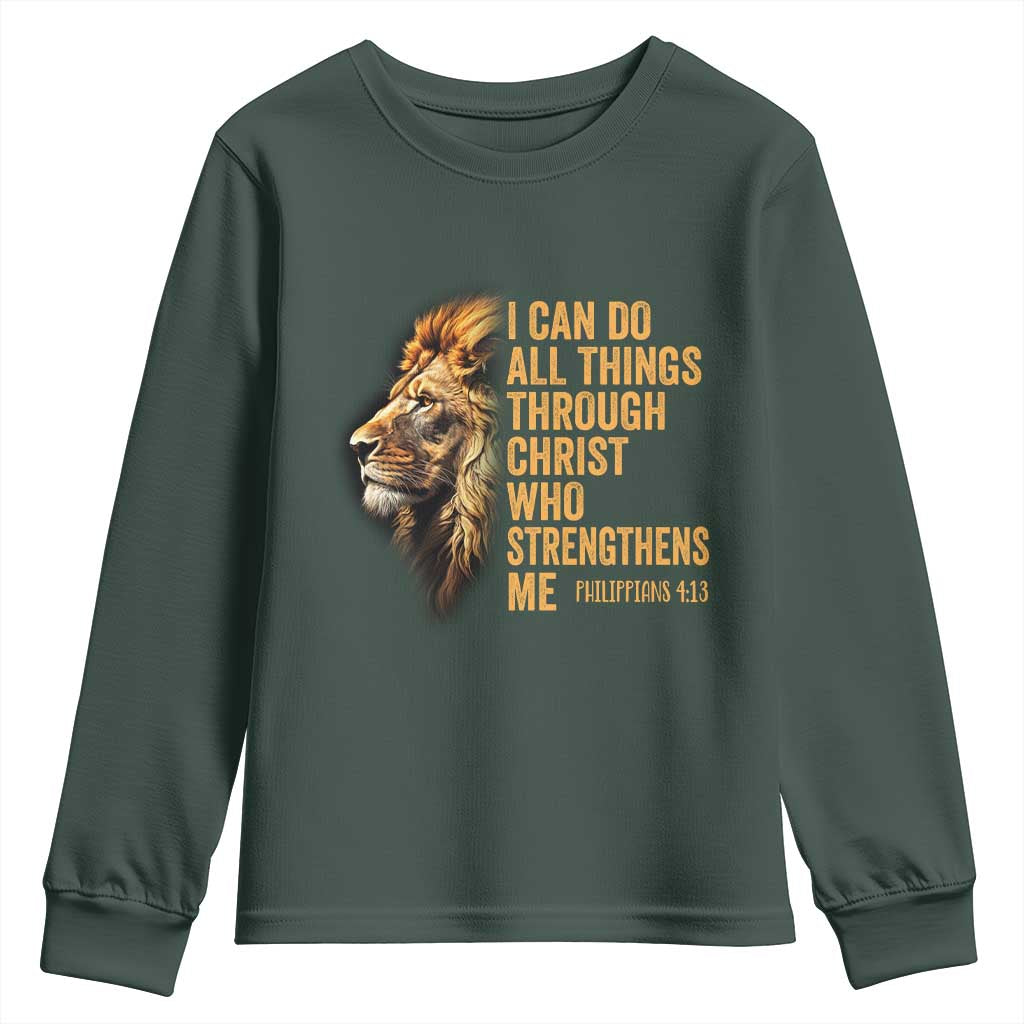Christian Faith Youth Sweatshirt Philippians 4:13 Religious Lion Strengthens TS02 Dark Forest Green Print Your Wear