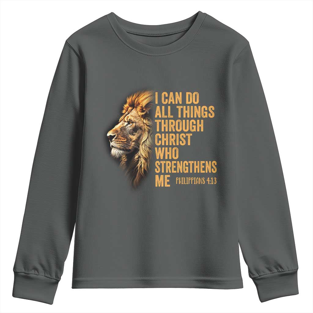 Christian Faith Youth Sweatshirt Philippians 4:13 Religious Lion Strengthens TS02 Dark Heather Print Your Wear