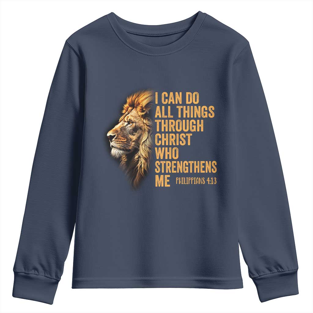 Christian Faith Youth Sweatshirt Philippians 4:13 Religious Lion Strengthens TS02 Navy Print Your Wear