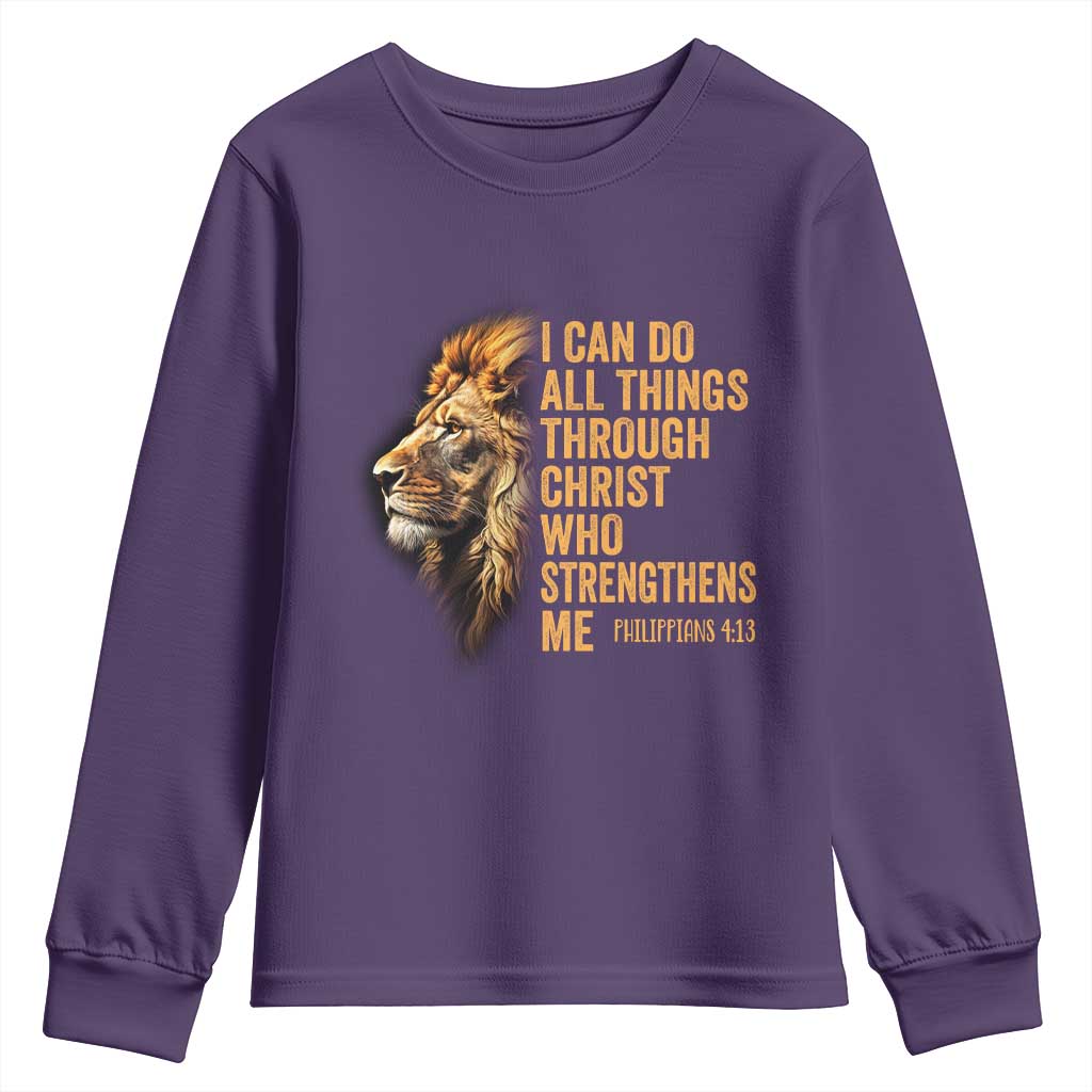Christian Faith Youth Sweatshirt Philippians 4:13 Religious Lion Strengthens TS02 Purple Print Your Wear