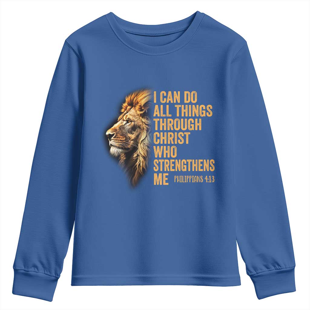 Christian Faith Youth Sweatshirt Philippians 4:13 Religious Lion Strengthens TS02 Royal Blue Print Your Wear