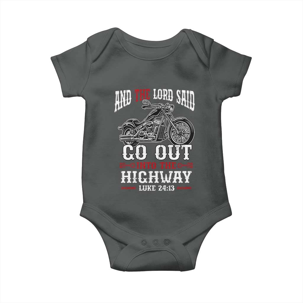 Christian Biker Baby Onesie Lord Said Go Out Into Highways Faith Motorcycle TS02 Dark Heather Print Your Wear