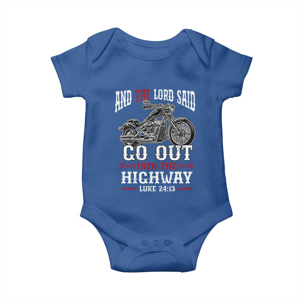 Christian Biker Baby Onesie Lord Said Go Out Into Highways Faith Motorcycle TS02 Royal Blue Print Your Wear