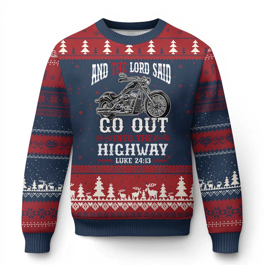 Christian Biker Ugly Christmas Sweater Lord Said Go Out Into Highways Faith Motorcycle TS02 Navy Red Print Your Wear