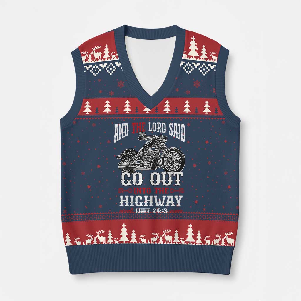Christian Biker V-Neck Knit Sweater Vest Lord Said Go Out Into Highways Faith Motorcycle TS02 Navy Red Print Your Wear