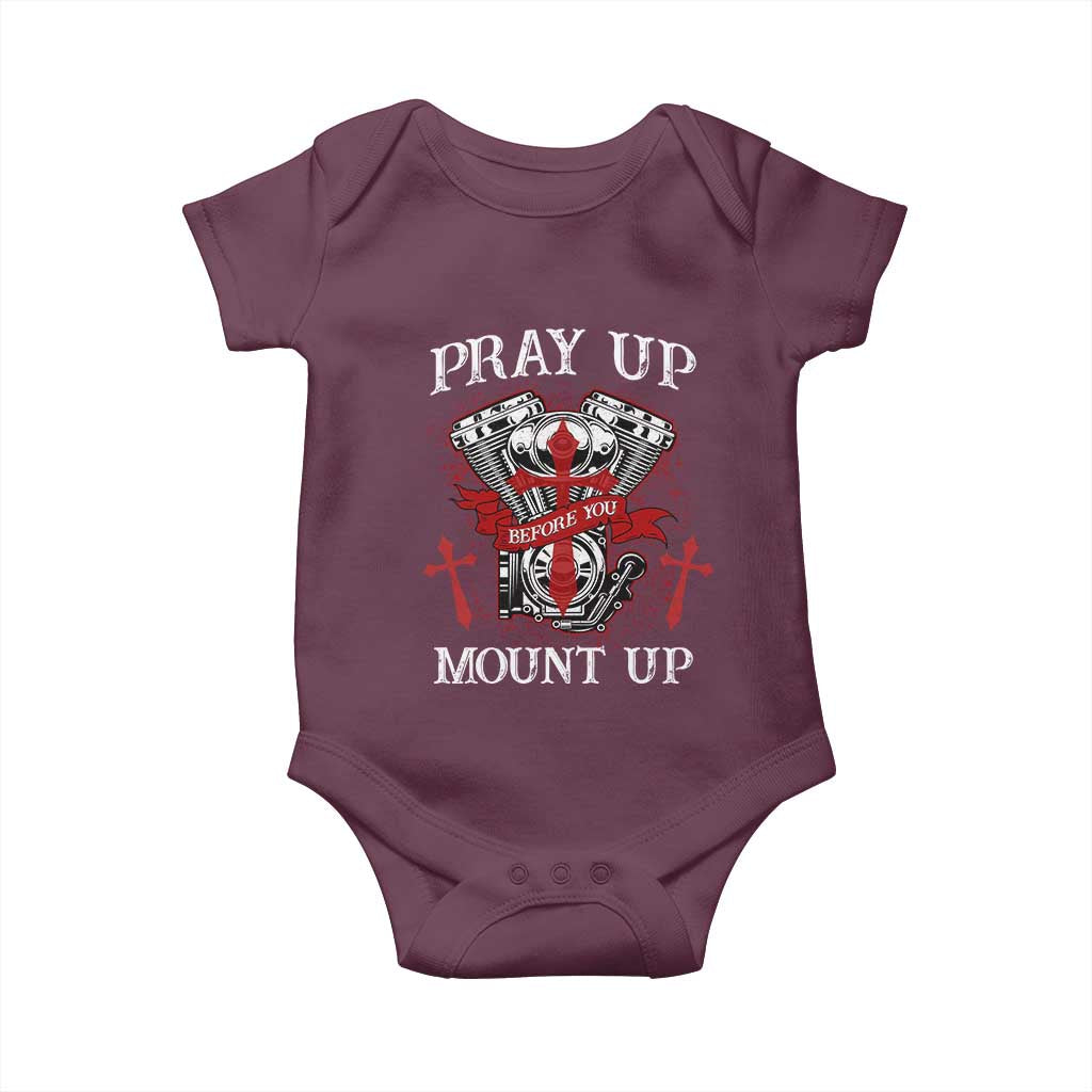 Christian Biker Baby Onesie Pray Up Before You Mount Up Faith TS02 Maroon Print Your Wear