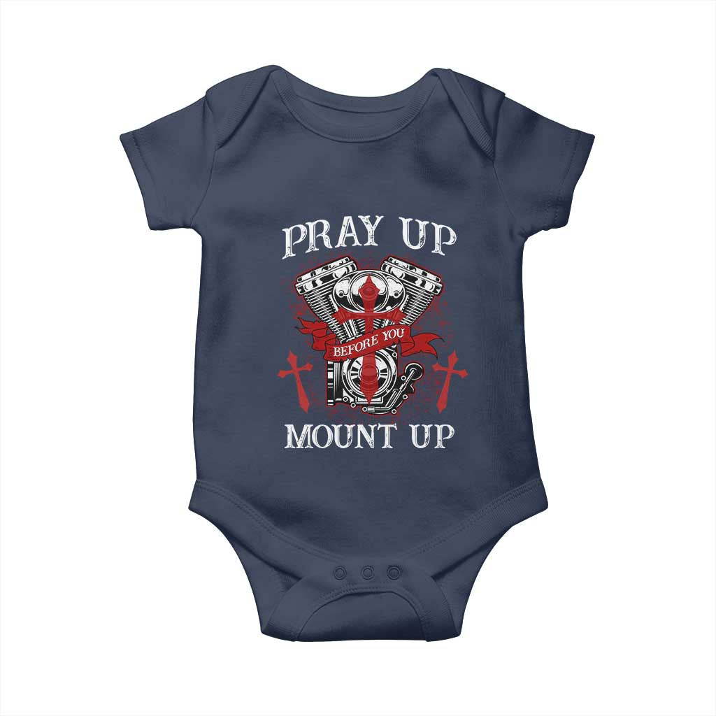 Christian Biker Baby Onesie Pray Up Before You Mount Up Faith TS02 Navy Print Your Wear