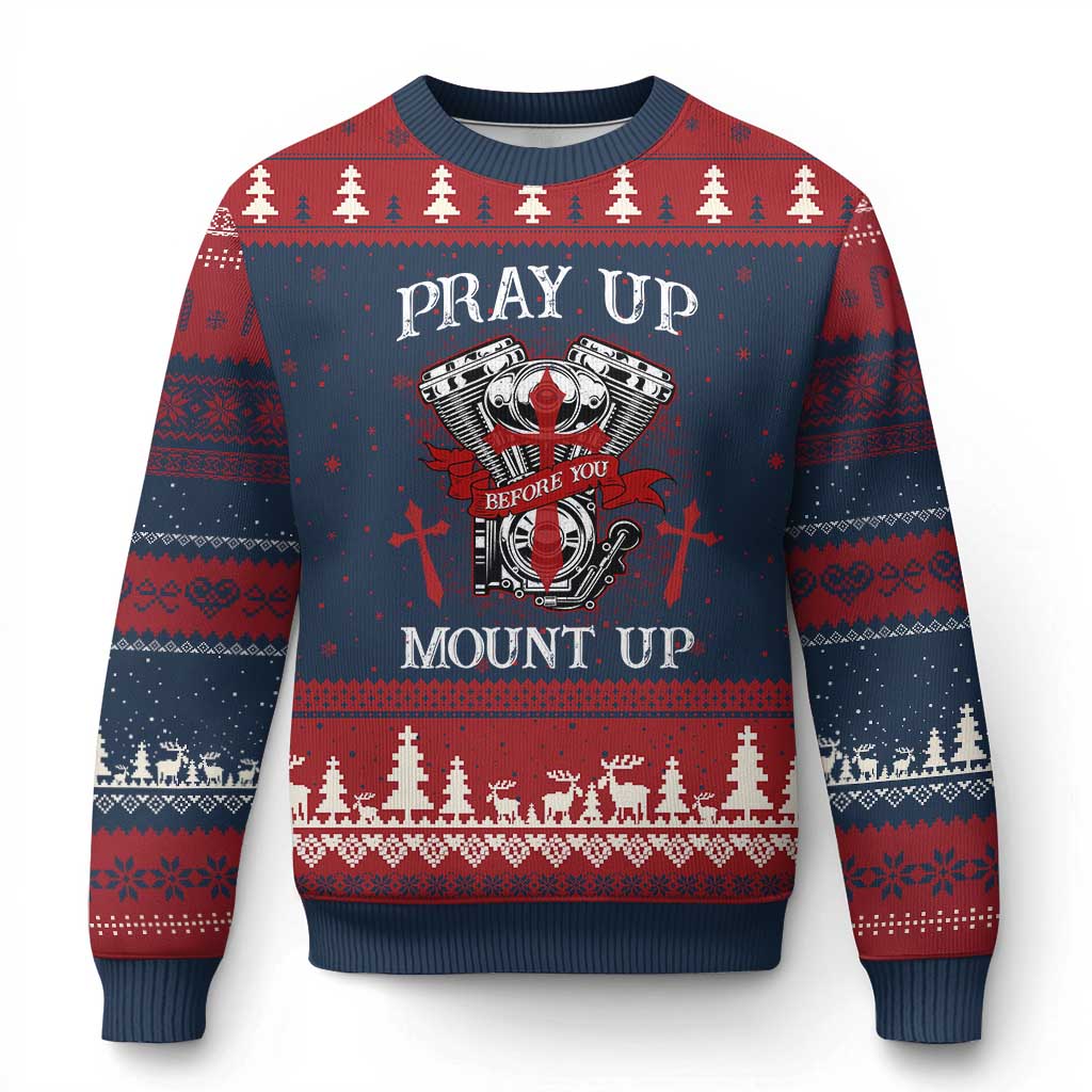 Christian Biker Ugly Christmas Sweater Pray Up Before You Mount Up Faith TS02 Navy Red Print Your Wear