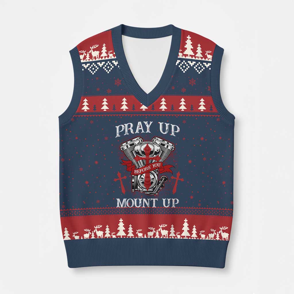 Christian Biker V-Neck Knit Sweater Vest Pray Up Before You Mount Up Faith TS02 Navy Red Print Your Wear