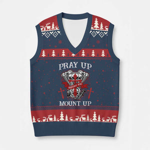Christian Biker V-Neck Knit Sweater Vest Pray Up Before You Mount Up Faith TS02 Navy Red Print Your Wear