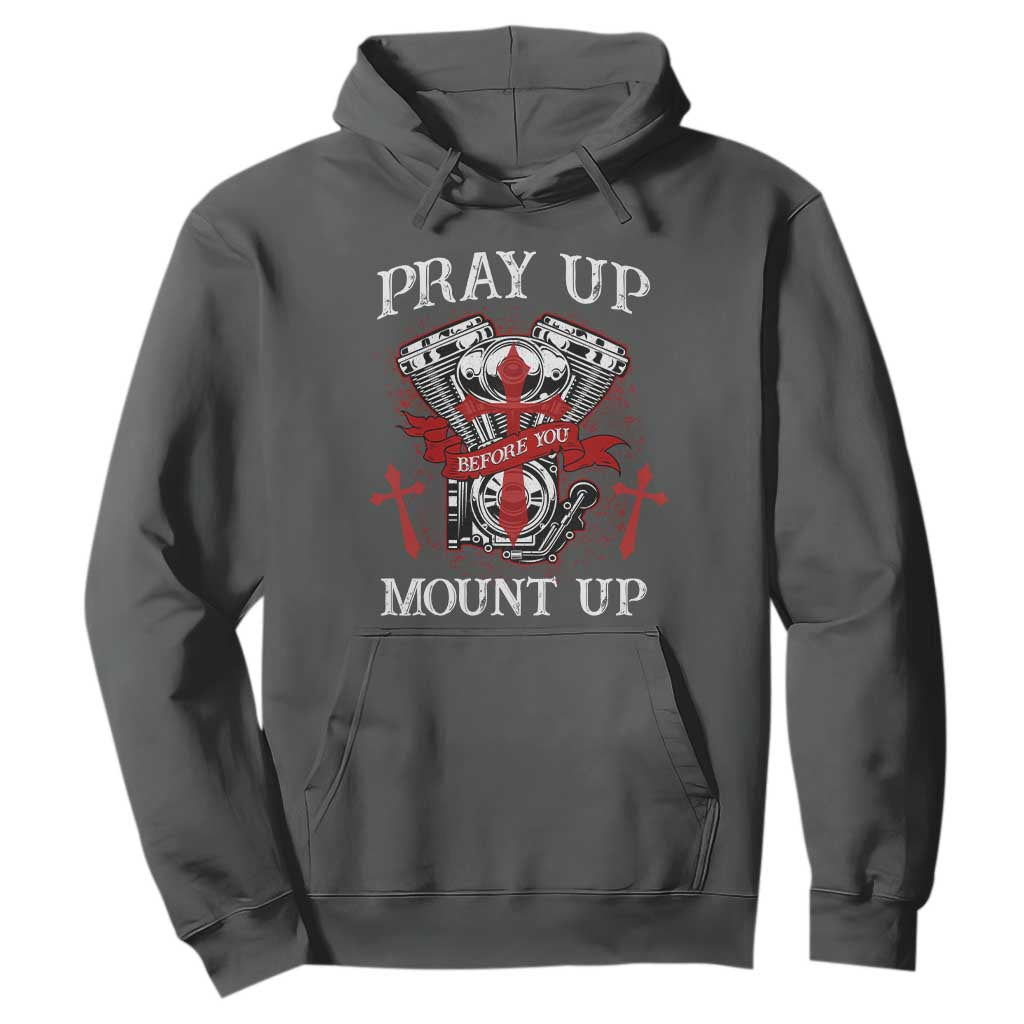Christian Biker Hoodie Pray Up Before You Mount Up Faith TS02 Dark Heather Print Your Wear