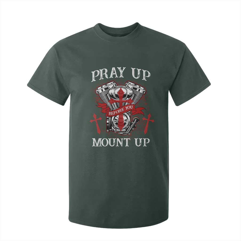 Christian Biker T Shirt For Kid Pray Up Before You Mount Up Faith TS02 Dark Forest Green Print Your Wear