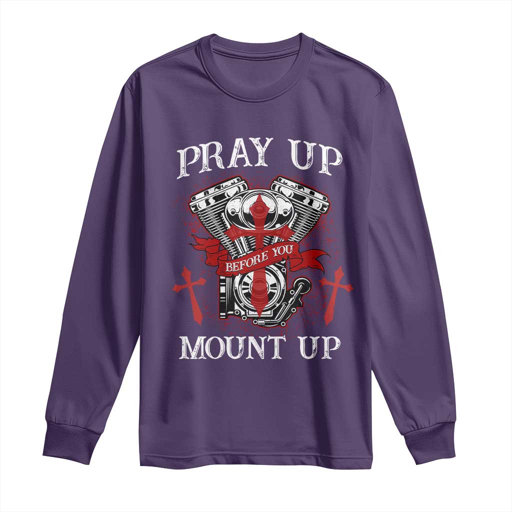 Christian Biker Long Sleeve Shirt Pray Up Before You Mount Up Faith TS02 Purple Print Your Wear