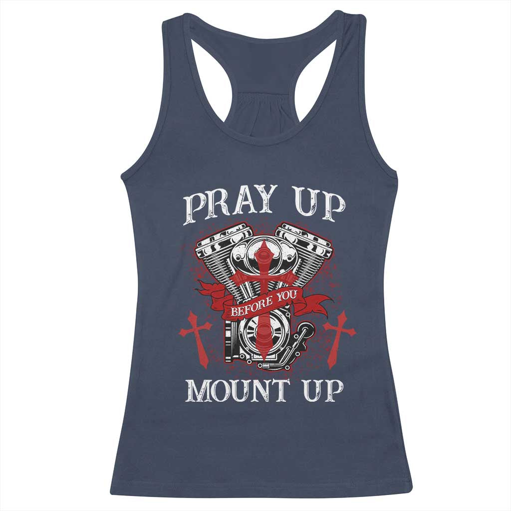 Christian Biker Racerback Tank Top Pray Up Before You Mount Up Faith TS02 Navy Print Your Wear