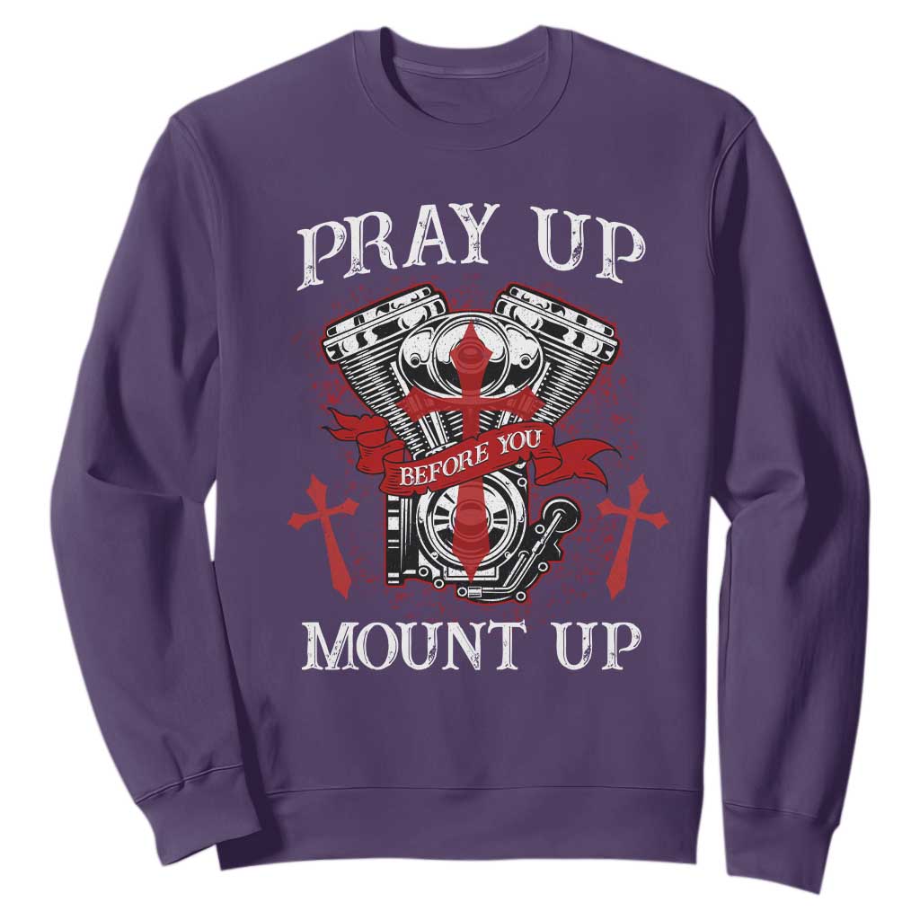 Christian Biker Sweatshirt Pray Up Before You Mount Up Faith TS02 Purple Print Your Wear