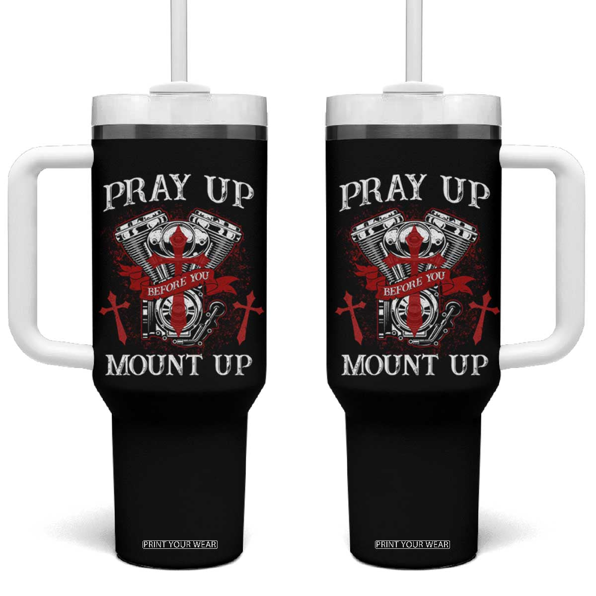 Christian Biker Tumbler With Handle Pray Up Before You Mount Up Faith TS02 One Size: 40 oz Black Print Your Wear