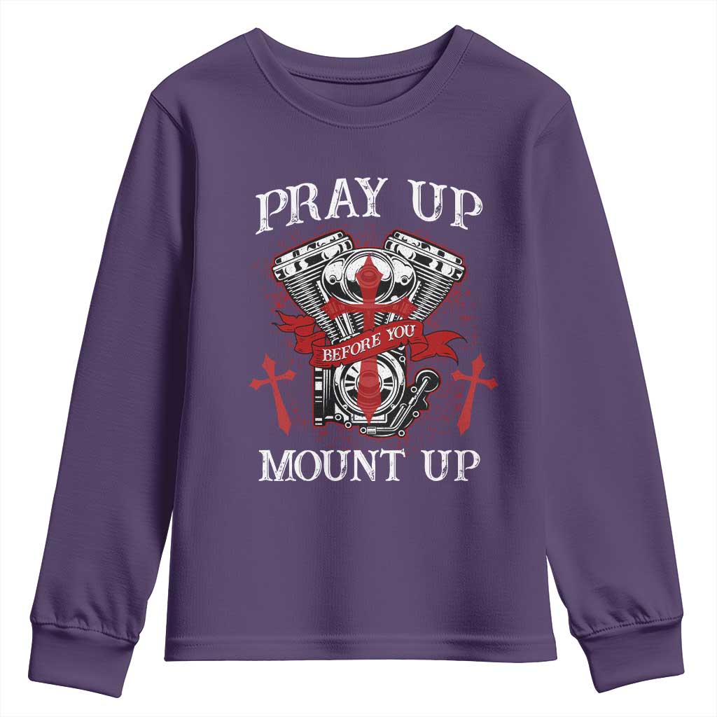 Christian Biker Youth Sweatshirt Pray Up Before You Mount Up Faith TS02 Purple Print Your Wear