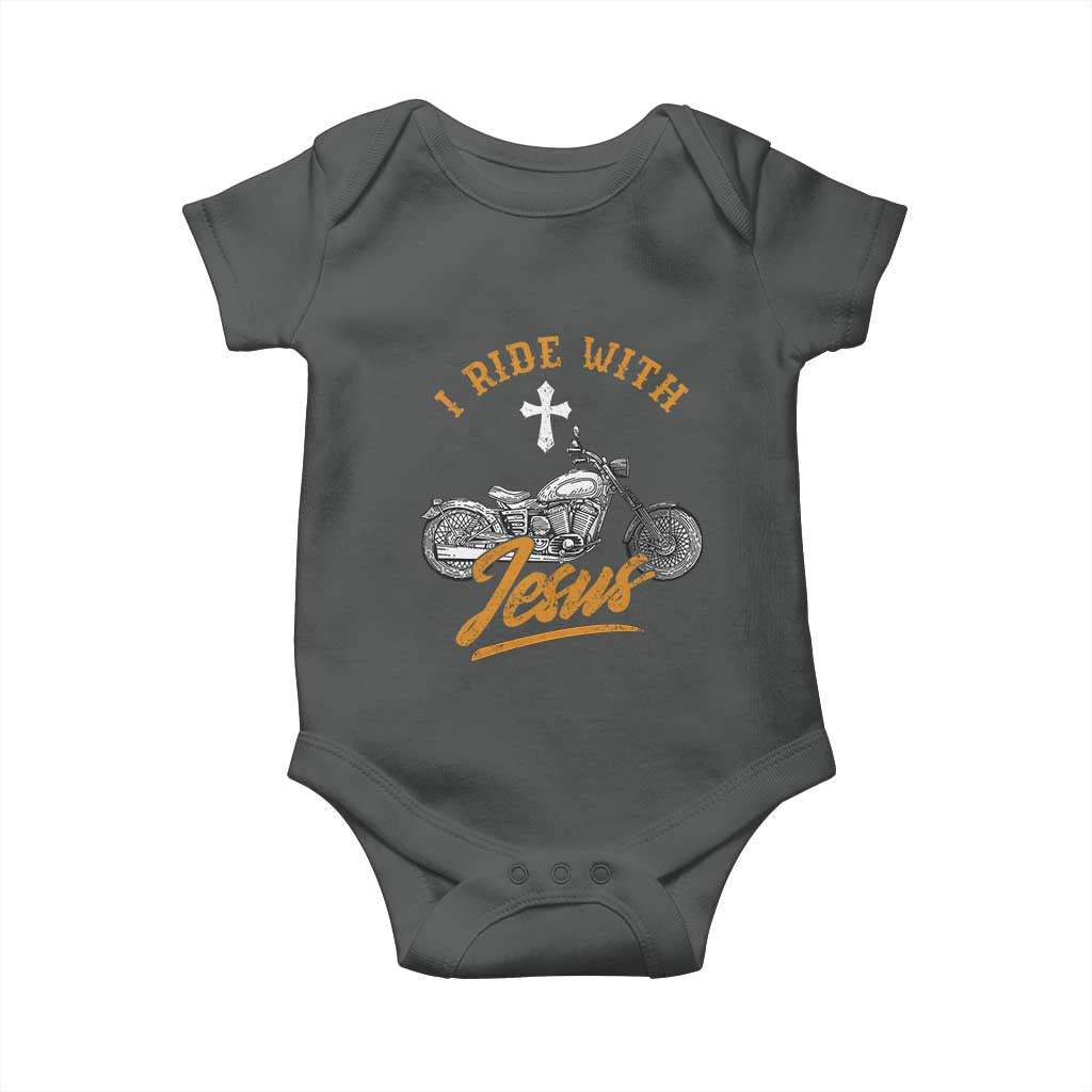 Christian Biker Baby Onesie I Ride With Jesus Faith Motorcycle TS02 Dark Heather Print Your Wear