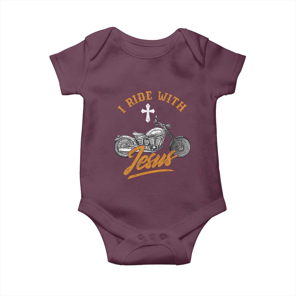 Christian Biker Baby Onesie I Ride With Jesus Faith Motorcycle TS02 Maroon Print Your Wear