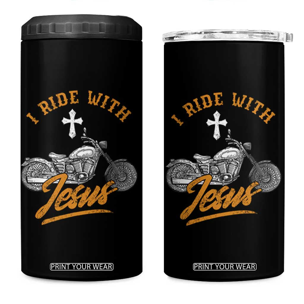 Christian Biker 4 in 1 Can Cooler Tumbler I Ride With Jesus Faith Motorcycle TS02 One Size: 16 oz Black Print Your Wear