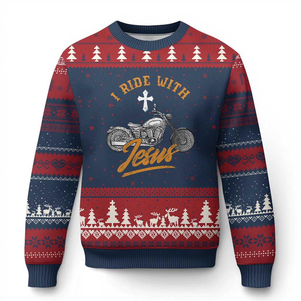 Christian Biker Ugly Christmas Sweater I Ride With Jesus Faith Motorcycle TS02 Navy Red Print Your Wear