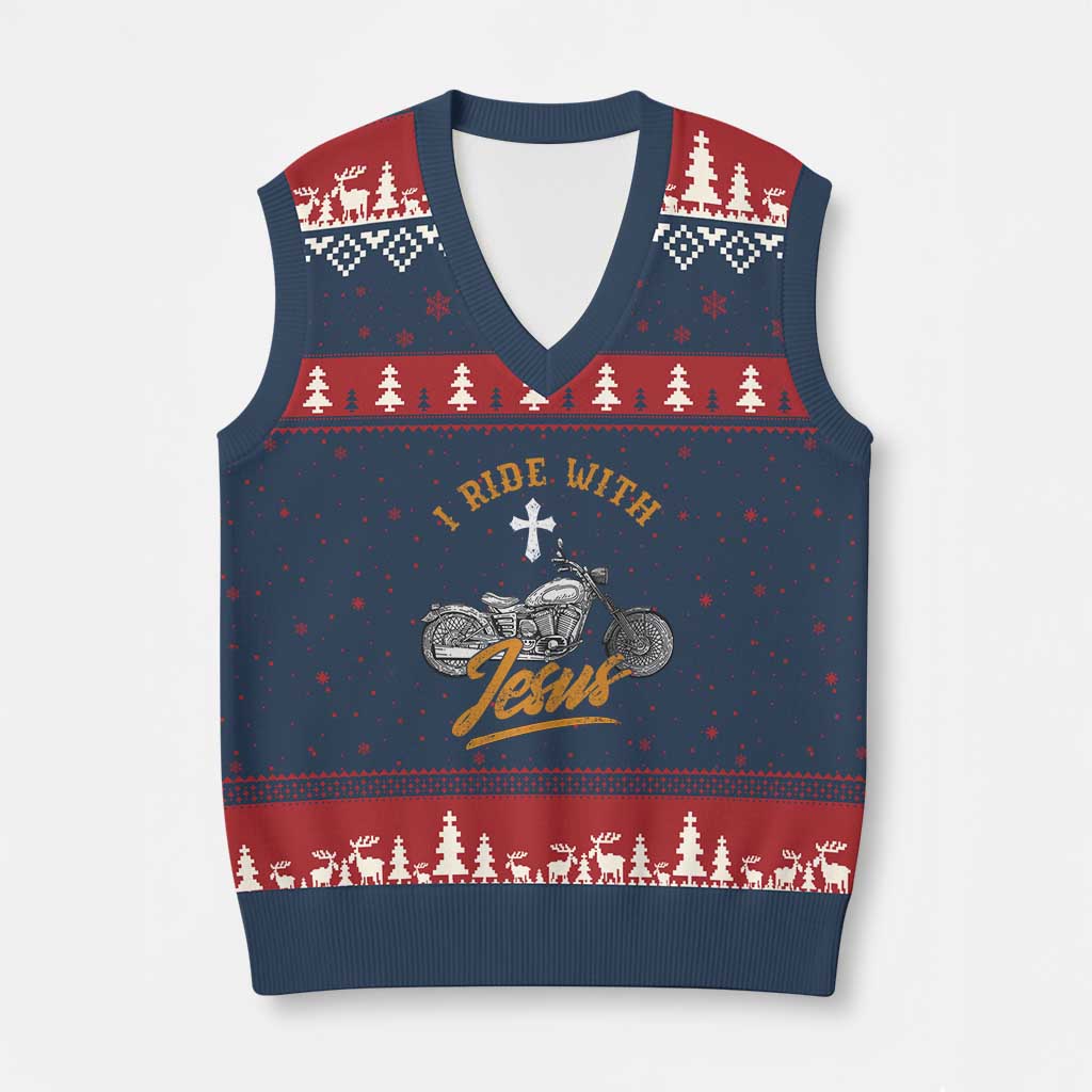 Christian Biker V-Neck Knit Sweater Vest I Ride With Jesus Faith Motorcycle TS02 Navy Red Print Your Wear