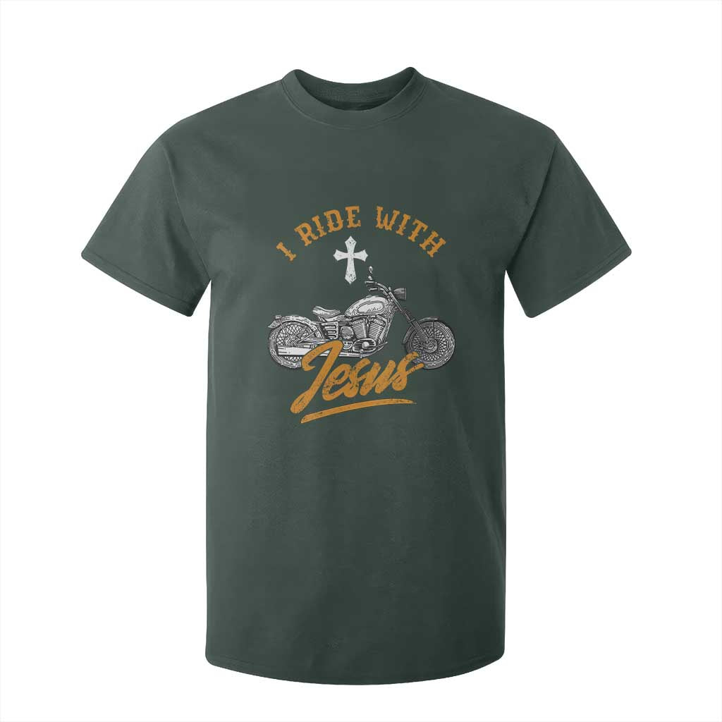 Christian Biker T Shirt For Kid I Ride With Jesus Faith Motorcycle TS02 Dark Forest Green Print Your Wear