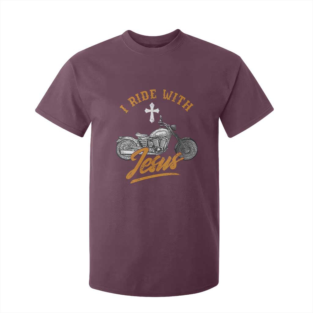 Christian Biker T Shirt For Kid I Ride With Jesus Faith Motorcycle TS02 Maroon Print Your Wear