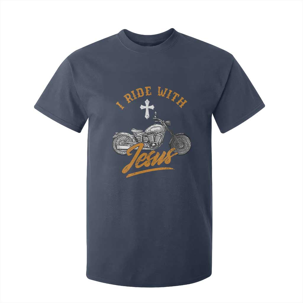 Christian Biker T Shirt For Kid I Ride With Jesus Faith Motorcycle TS02 Navy Print Your Wear