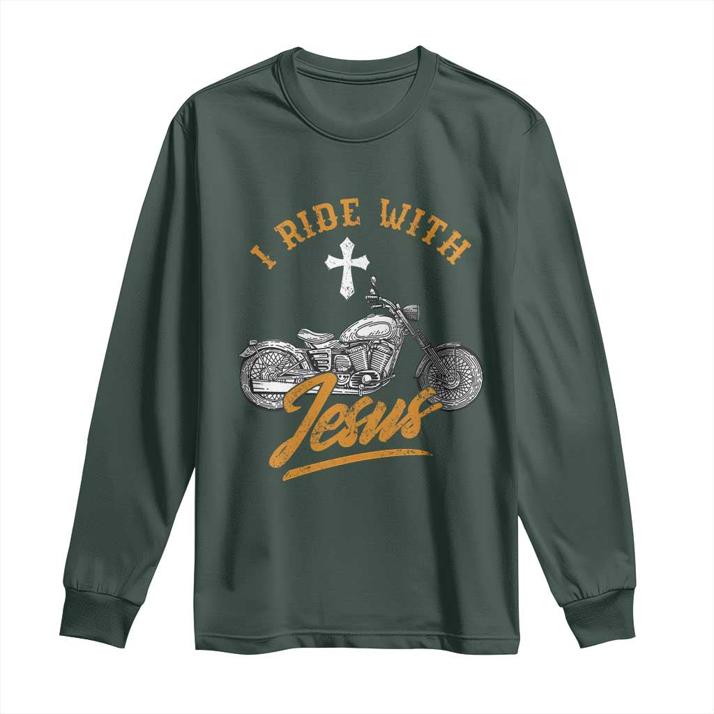 Christian Biker Long Sleeve Shirt I Ride With Jesus Faith Motorcycle TS02 Dark Forest Green Print Your Wear
