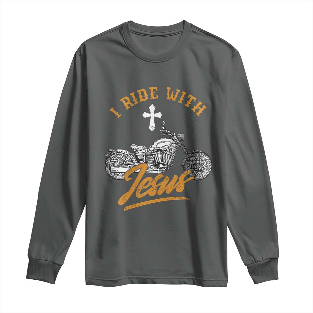 Christian Biker Long Sleeve Shirt I Ride With Jesus Faith Motorcycle TS02 Dark Heather Print Your Wear
