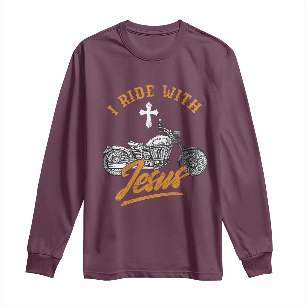 Christian Biker Long Sleeve Shirt I Ride With Jesus Faith Motorcycle TS02 Maroon Print Your Wear