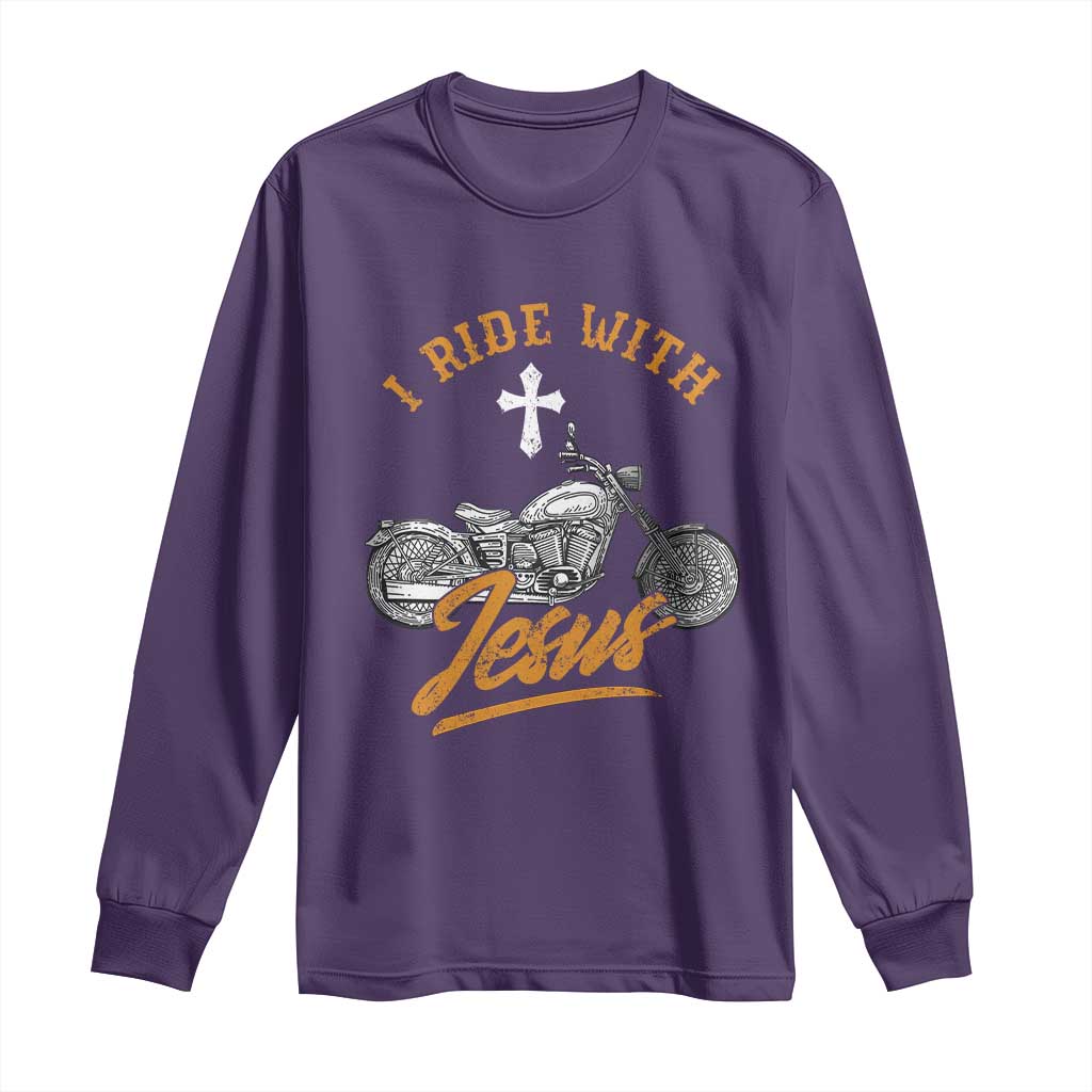 Christian Biker Long Sleeve Shirt I Ride With Jesus Faith Motorcycle TS02 Purple Print Your Wear