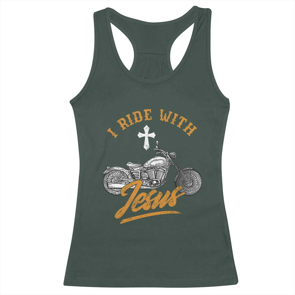 Christian Biker Racerback Tank Top I Ride With Jesus Faith Motorcycle TS02 Dark Forest Green Print Your Wear