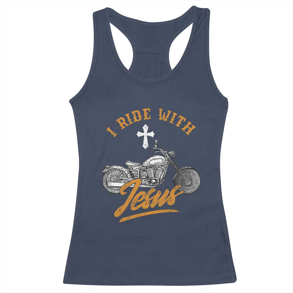 Christian Biker Racerback Tank Top I Ride With Jesus Faith Motorcycle TS02 Navy Print Your Wear
