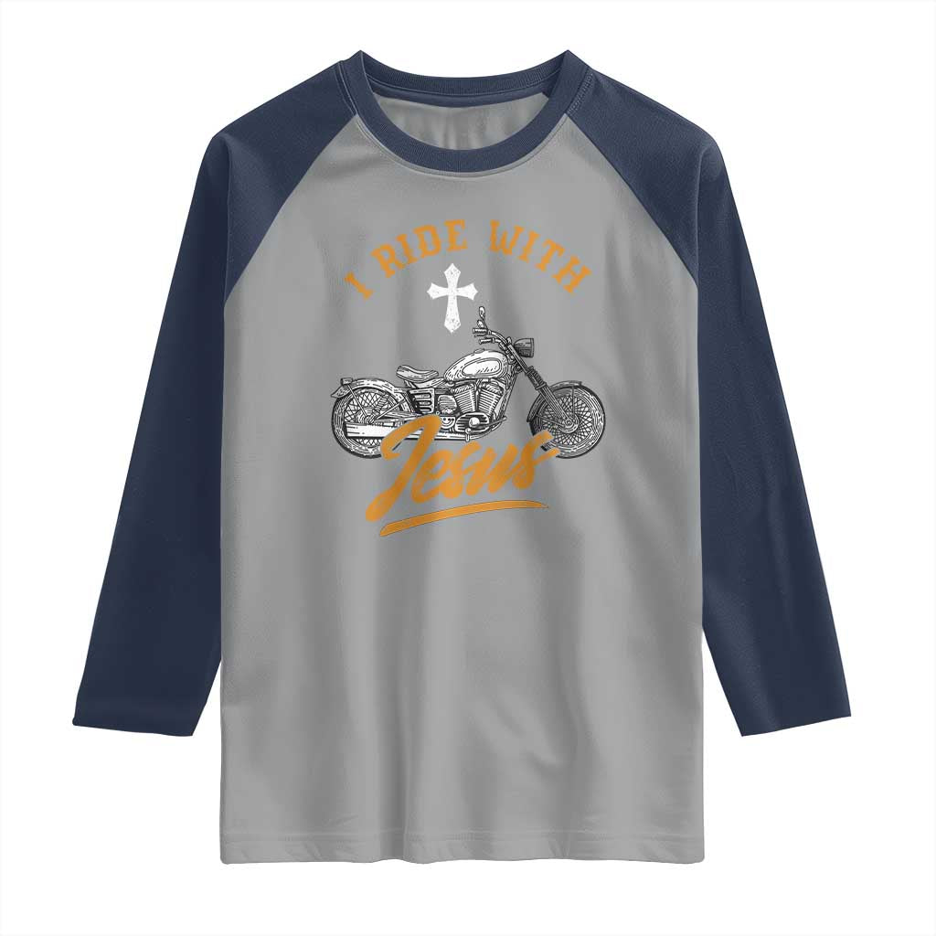 Christian Biker Raglan Shirt I Ride With Jesus Faith Motorcycle TS02 Sport Gray Navy Print Your Wear